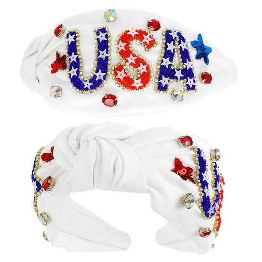 USA Patriotic Lettering Jeweled Beaded Headband: White