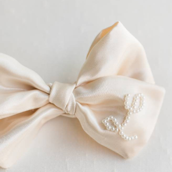 Ivory Satin Oversized Bow with Pearl Initial