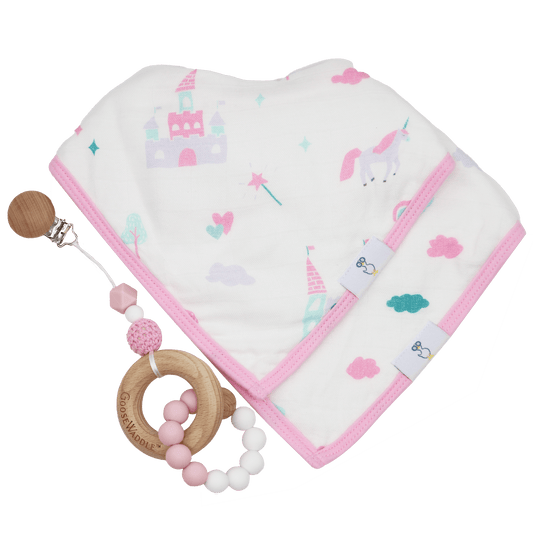 Pink Attachable Wooden and Silicone Teether and Unicorn Bib Gift Set