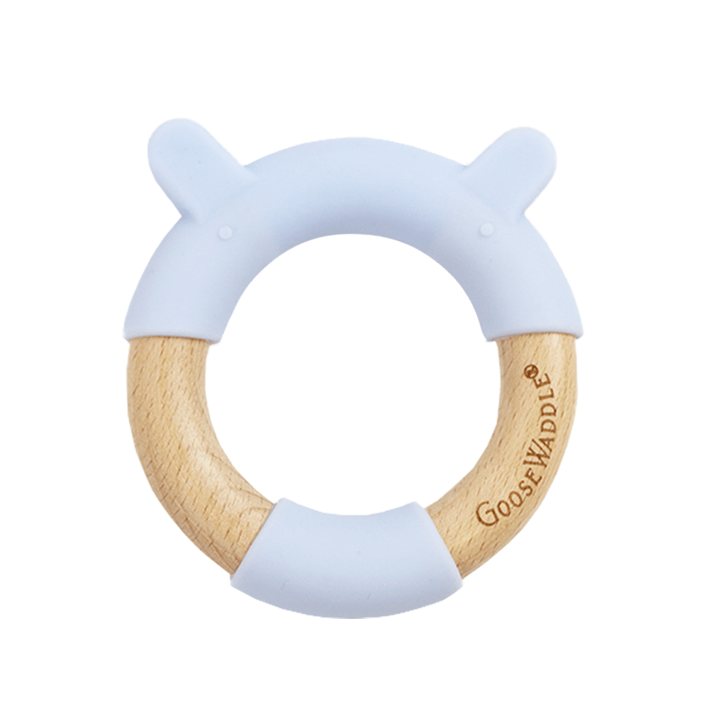 Blue Bear Circle Bear Head Teether Silicone + Wood Teether