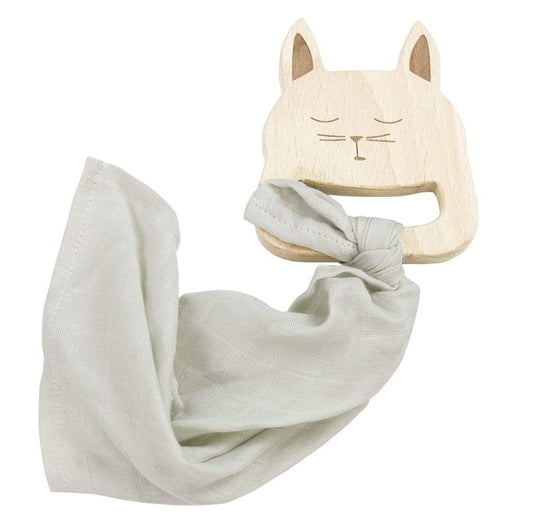 Wooden Bunny Teether with Gray Blankie