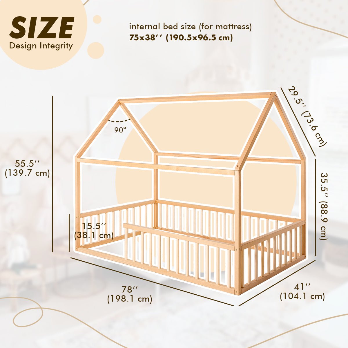 Twin Size Montessori House Bed for Kids with Fence (35*78 inch)