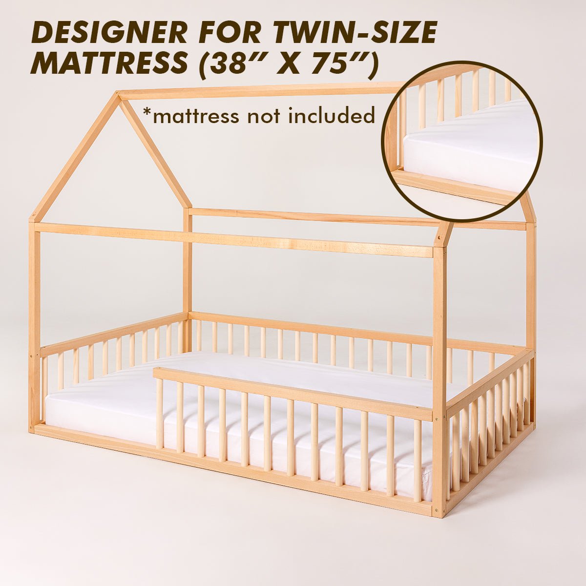 Twin Size Montessori House Bed for Kids with Fence (35*78 inch)