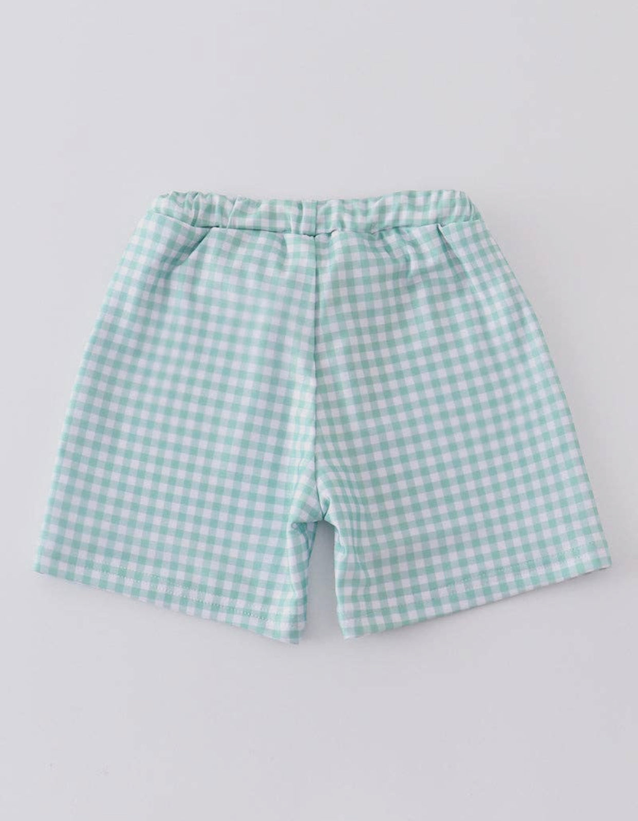 Green gingham swim trunks