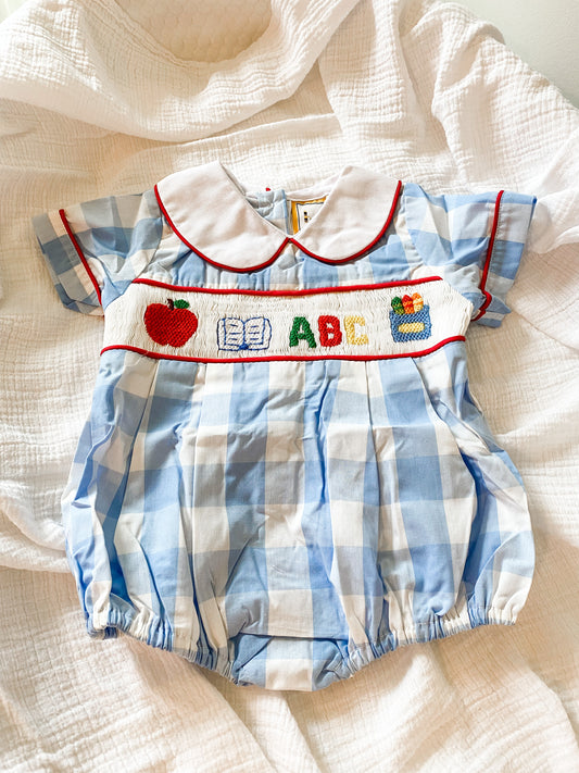 ABC smocked blue gingham boy bubble