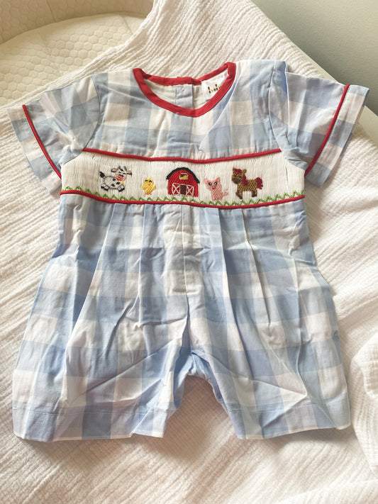 Farm Animals Boy Smocked Shortall