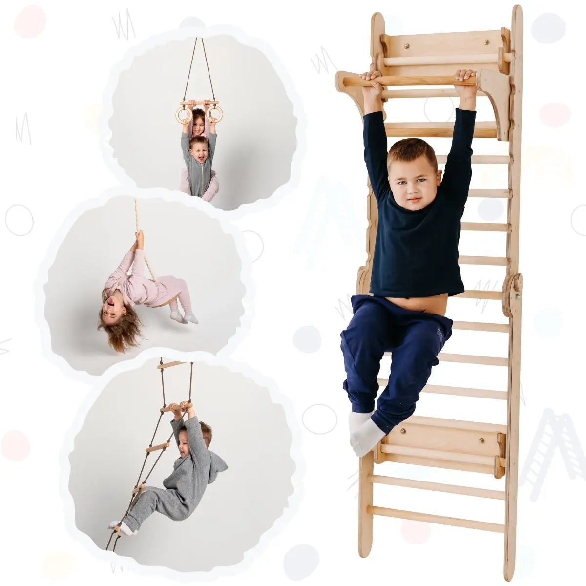 2in1 Wooden Swedish Wall / Climbing ladder for Children + Swing Set