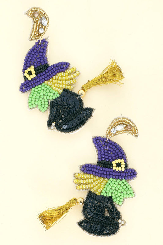 Broom Riding Witch Beaded Dangle Earrings