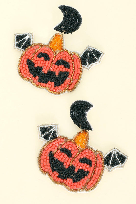 Winged Jack O Lantern Halloween Beaded Earrings