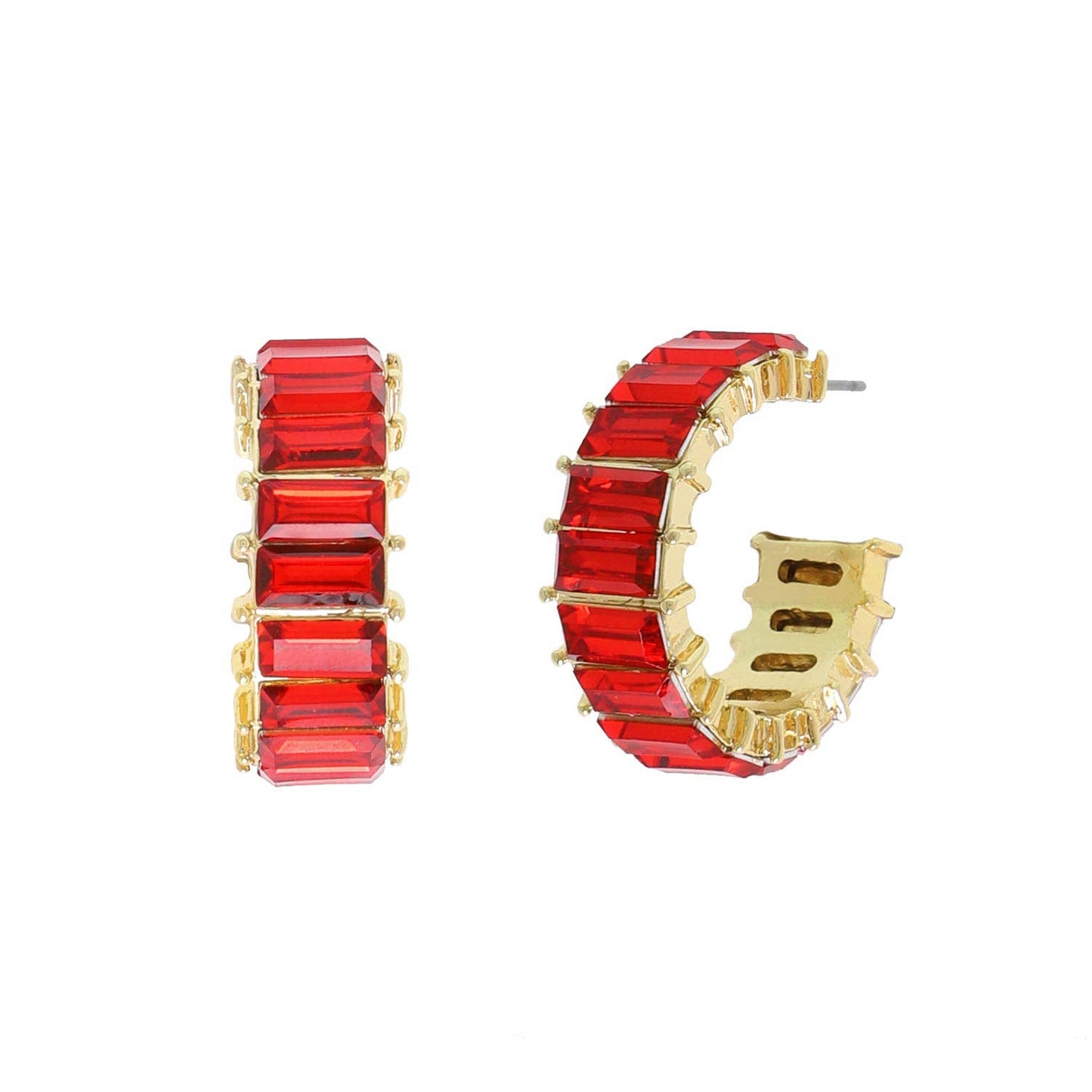 Rhinestone Baguette Crystal Open Hoop Earrings: Red