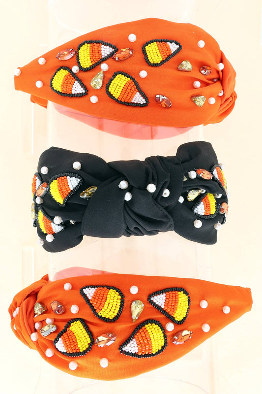 Beaded Candy Corn w/ Pearls & Rhinestones Knotted Headband