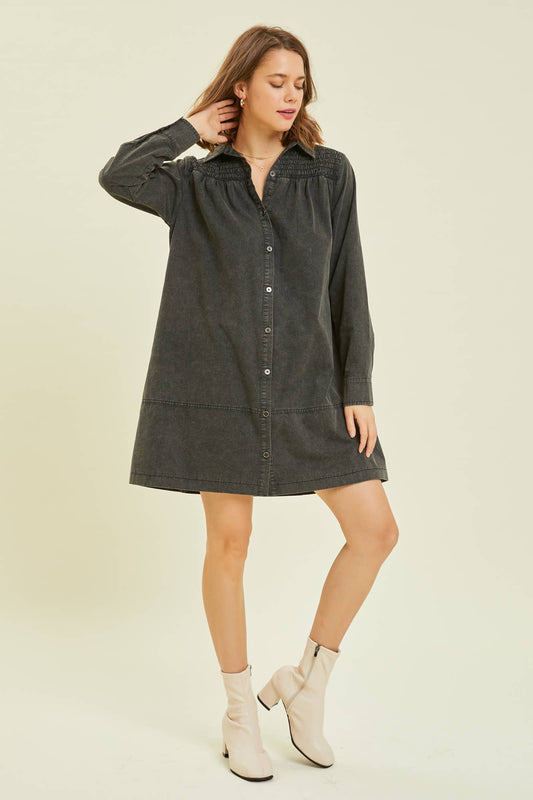 MINERAL WASHED BUTTON-DOWN SHIRT DRESS