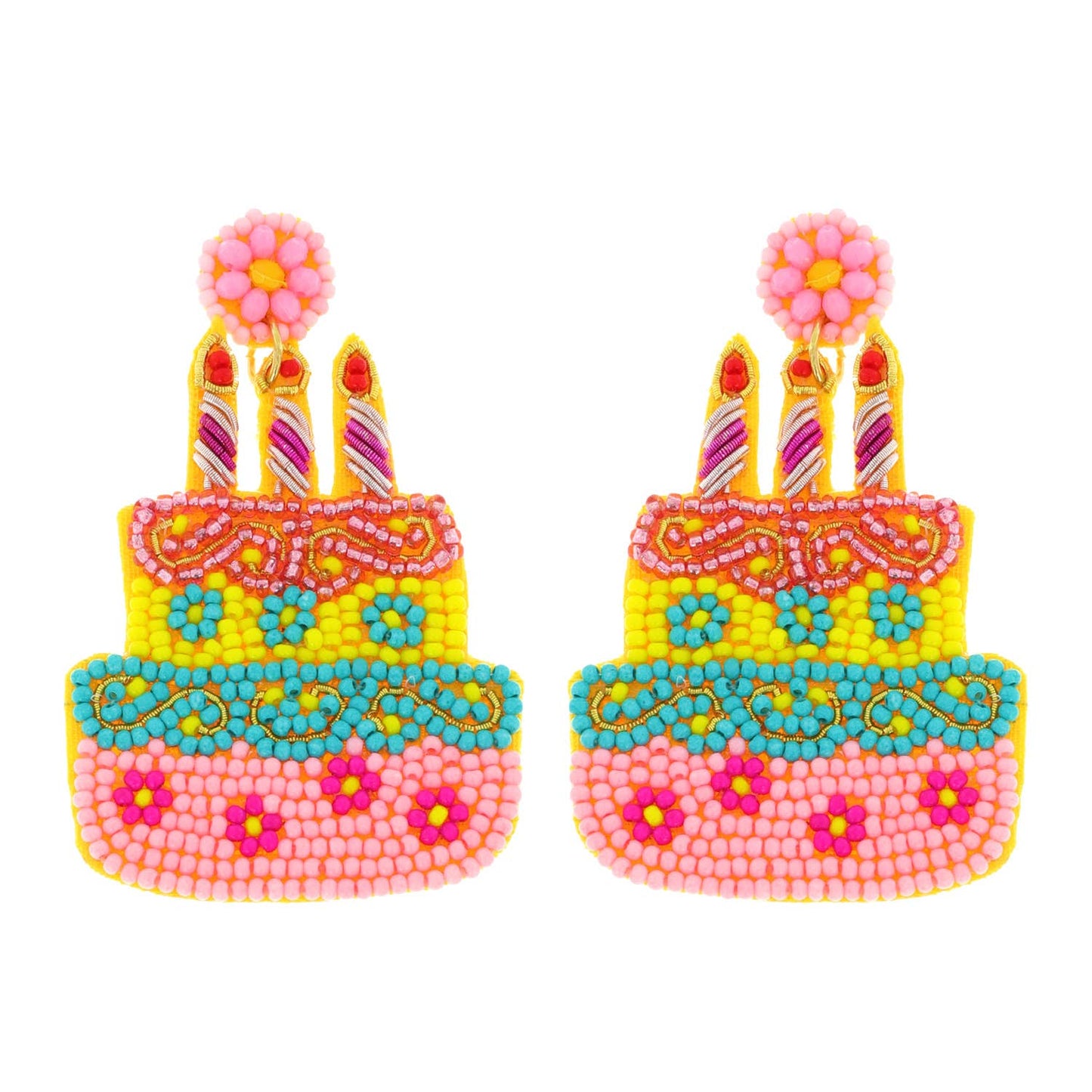 Beaded 3 Candle Birthday Cake Dangle Earrings