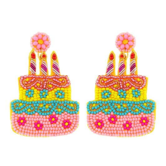 Beaded 3 Candle Birthday Cake Dangle Earrings