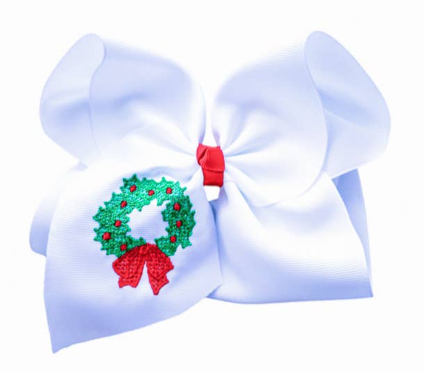Christmas Wreath Embroidered Hair Bow: 4 inch / Nylon Headband