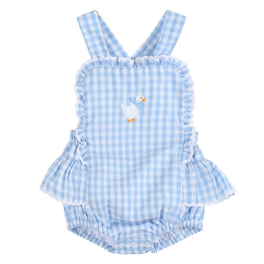 Blue Gingham Goose Lace Bow Ruffle Romper