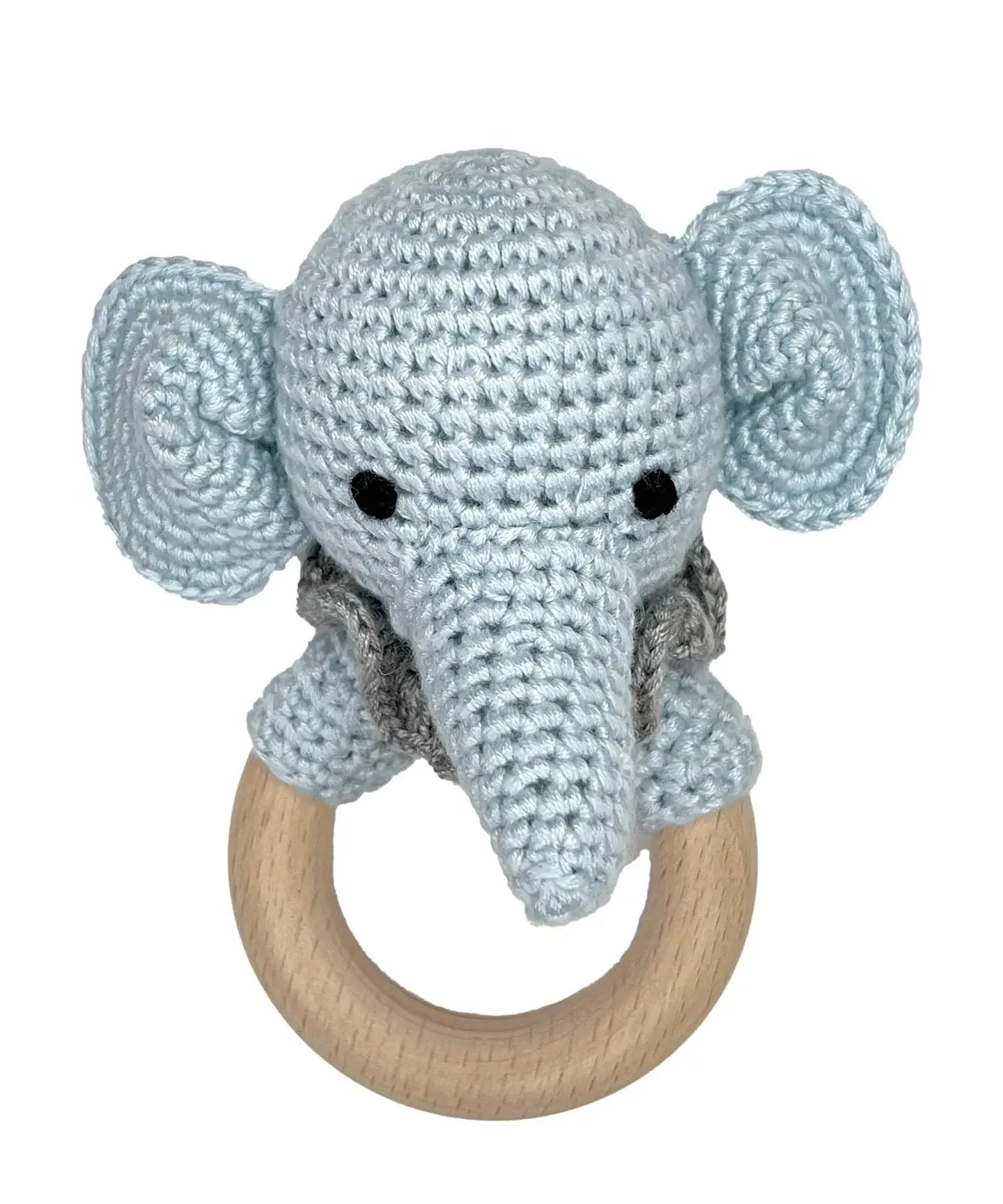 Elephant Bamboo Crochet Woodring Rattle - Blue: 5" Rattle