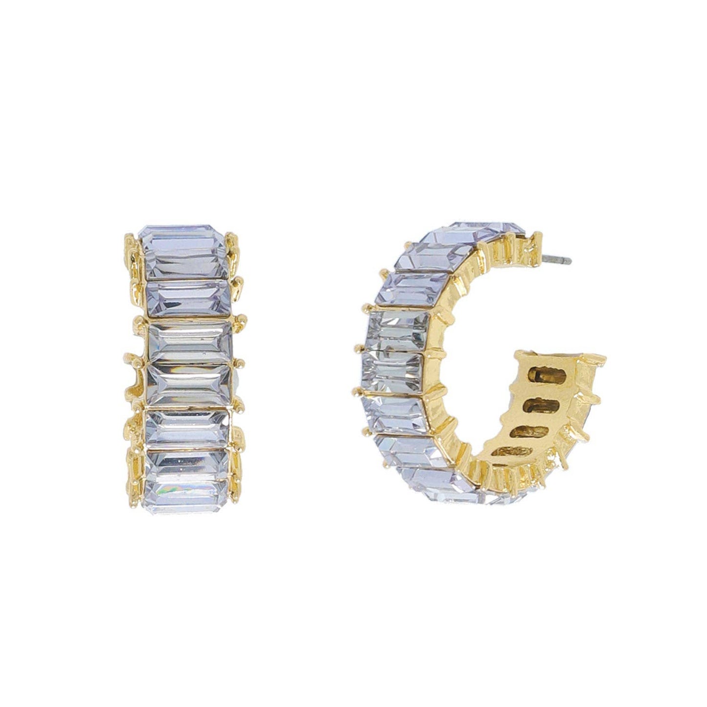 Rhinestone Baguette Crystal Open Hoop Earrings: Gold Clear