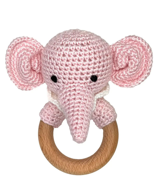 Elephant Bamboo Crochet Woodring Rattle - Pink: 5" Rattle