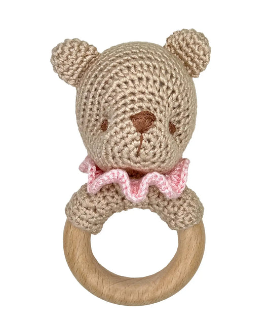 Bear Bamboo Crochet Woodring Rattle - Pink: 5" Rattle