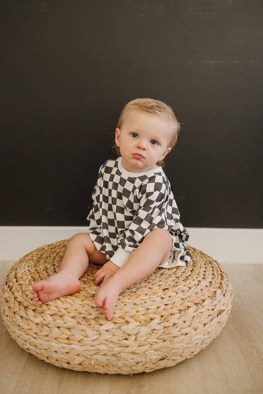 Charcoal & White Checkered Bamboo Bubble Romper