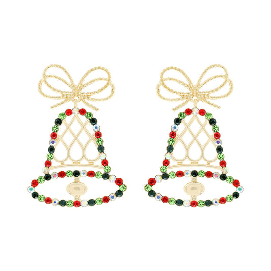 Crystal Rhinestone Gold Christmas Bell Earrings