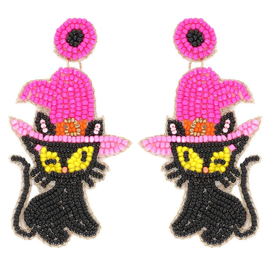Witch Hat Black Cat Halloween Beaded Earrings
